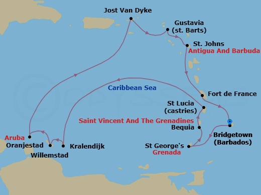 13 Night - Bridgetown to Bridgetown - Silver Spirit - Starting in Bridgetown, St Georges, Bequia, Castries, St Lucia, Kralendijk, Bonaire, Willemstad AN, Curacao, Oranjestad, Aruba, Jost Van Dyke, British Virgin Islands, Gustavia, St Barthelemy, St Johns, Fort-de-France, Bridgetown itinerary map