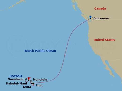 11 Night - Vancouver to Honolulu - Silver Whisper - Starting in Vancouver, Hilo, Hawaii, Kailua Kona, Hawaii, Kahului, Hawaii, Nawiliwili, Kauai, Hawaii, Honolulu, Oahu, Hawaii itinerary map