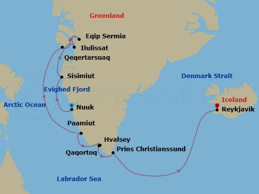 10 Night - Nuuk to Reykjavik - Silver Wind - Starting in Nuuk (Godthab), Sisimiut, Ilulissat, Eqip Sermia Glacier, Qeqertarsuaq, Evighedsfjord, Paamiut, Hvalsey, Qaqortoq (Julianehab), Cruise Prince Christian Sound, Reykjavik itinerary map