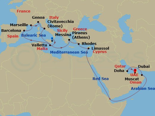 25 Night - Msc Grand Voyages - MSC World Europa - Starting in Messina (Taormina), Italy, La Valletta, Malta, Barcelona, Spain, Marseille (Provence), France, Genoa (Portofino), Italy, Civitavecchia (Rome), Italy, La Valletta, Malta, Piraeus (Athens), Greece, Rhodes (Lindos), Greece, Limassol, Cyprus, Suez Canal (Transit), Egypt, Muscat, Oman, Doha, Qatar, Dubai, United Arab Emirates itinerary map
