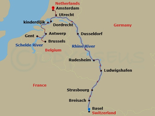 AmaStella - 14 Night - Grand Rhine & Dutch Canals - AmaStella - Starting in Basel, Breisach, Strasbourg, Ludwigshafen, Rhine Gorge, Rudesheim, Dusseldorf, Utrecht, Amster.. itinerary map