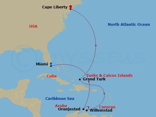 RCL Independence of the Seas - 9 Night - Miami to Cape Liberty Cruise - RCL Independence of the Seas - Starting in Miami, Florida, Oranjestad, Aruba, Willemstad AN, Curacao, Grand Turk, Tur.. itinerary map