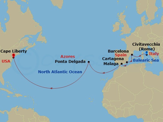 RCL Odyssey of the Seas - 14 Night - Spain & Portugal Transatlantic - RCL Odyssey of the Seas - Starting in Rome (Civitavecchia), Italy, Barcelona, Spain, Cartagena ES, Malaga, Spain,.. itinerary map