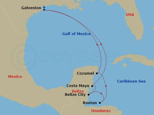 RCL Liberty of the Seas - 8 Night - Western Caribbean Cruise - RCL Liberty of the Seas - Starting in Galveston, Texas, Cozumel, Mexico, Roatan, Honduras, Belize City, Belize, Puerto Co.. itinerary map