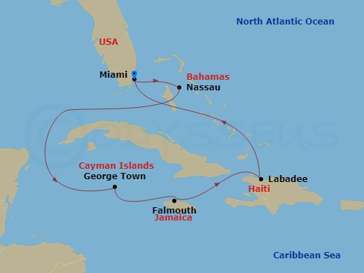 RCL Independence of the Seas - 7 Night - Western Caribbean - RCL Independence of the Seas - Starting in Miami, Florida, Nassau, Bahamas, George Town, Grand Cayman, Falmouth, Jamaica, Labade.. itinerary map