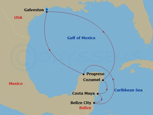 RCL Liberty of the Seas - 8 Night - Western Caribbean Cruise - RCL Liberty of the Seas - Starting in Galveston, Texas, Cozumel, Mexico, Puerto Costa Maya, Mexico, Belize City, Belize,.. itinerary map