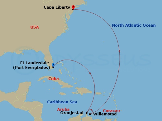 RCL Oasis of the Seas - 9 Night - Ft. Lauderdale to Cape Liberty - RCL Oasis of the Seas - Starting in Fort Lauderdale, Florida, Oranjestad, Aruba, Willemstad AN, Curacao, Cape Liber.. itinerary map