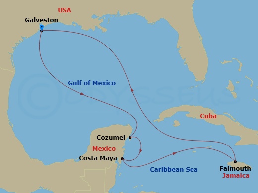 RCL Liberty of the Seas - 8 Night - Western Caribbean Cruise - RCL Liberty of the Seas - Starting in Galveston, Texas, Cozumel, Mexico, Puerto Costa Maya, Mexico, Falmouth, Jamaica, Ga.. itinerary map