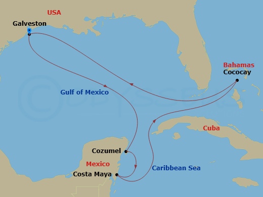 RCL Icon of the Seas - 8 Night - Perfect Day Cococay & West Carib - RCL Icon of the Seas - Starting in Galveston, Texas, Cozumel, Mexico, Puerto Costa Maya, Mexico, Perfect Day Coco.. itinerary map