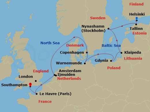 NCL Norwegian Prima Cruise Tours - 14 Night - Timeless Finland Pre Cruisetour - NCL Norwegian Prima Cruise Tours - Starting in At Hotel, Helsinki, Finland, Tallinn, Estonia, Nynashamn / Stockho.. itinerary map