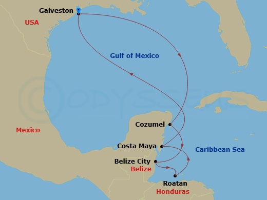 RCL Liberty of the Seas - 8 Night - Western Caribbean Cruise - RCL Liberty of the Seas - Starting in Galveston, Texas, Cozumel, Mexico, Belize City, Belize, Roatan, Honduras, Puerto Co.. itinerary map