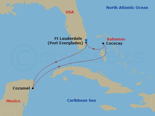 RCL Oasis of the Seas - 5 Night - Western Caribbean & Perfect Day - RCL Oasis of the Seas - Starting in Fort Lauderdale, Florida, Cozumel, Mexico, Perfect Day Cococay, Bahamas, Fort.. itinerary map