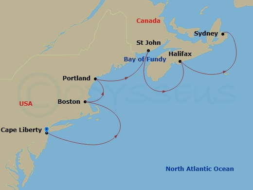 RCL Independence of the Seas - 9 Night - Canada & New England Cruise - RCL Independence of the Seas - Starting in Cape Liberty, Nj (Ny Metro), Boston, Massachusetts, Portland ME, Saint John.. itinerary map