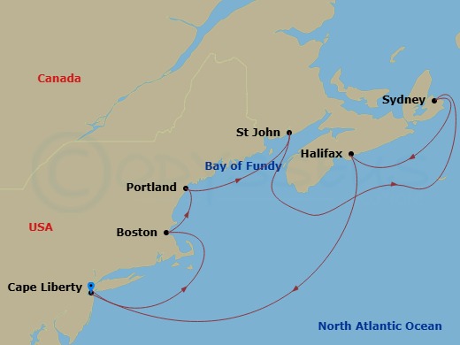 RCL Independence of the Seas - 9 Night - Canada & New England Cruise - RCL Independence of the Seas - Starting in Cape Liberty, Nj (Ny Metro), Boston, Massachusetts, Portland ME, Saint John.. itinerary map