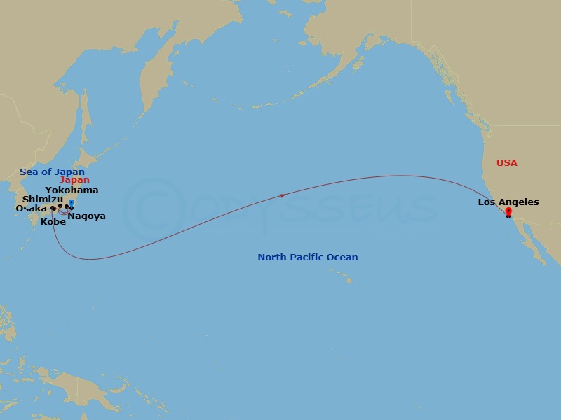 RCL Navigator of the Seas - 16 Night - Tokyo to Los Angeles Cruise - RCL Navigator of the Seas - Starting in Tokyo (Yokohama), Japan, Mount Fuji (Shimizu), Japan, Nagoya, Japan, Osaka, J.. itinerary map
