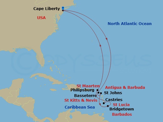 RCL Odyssey of the Seas - 12 Night - Southern Caribbean Cruise - RCL Odyssey of the Seas - Starting in Cape Liberty, Nj (Ny Metro), Basseterre, St Kitts and Nevis, St Johns AG, Antigua.. itinerary map