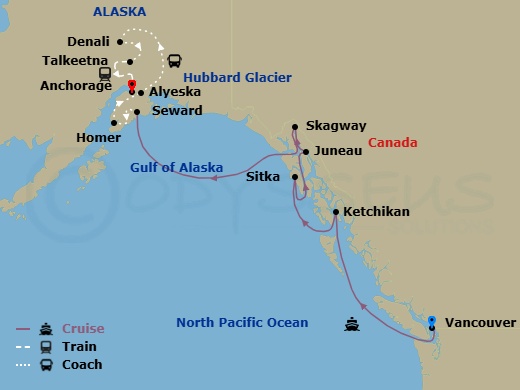 13 Night - Homer Wldlife & Heart of Ak Ult Ct10a - Anthem of the Seas Tours - Starting in Vancouver, British Columbia, Ketchikan (Ward Cove), Alaska, Sitka, Alaska, Juneau, Alaska, Skagway, Alaska, Hubbard Glacier (Cruising), Seward, Alaska, Homer, Alaska, Alyeska (Girdwood), Alaska, Denali, Alaska, Talkeetna, Alaska, Anchorage, Alaska itinerary map