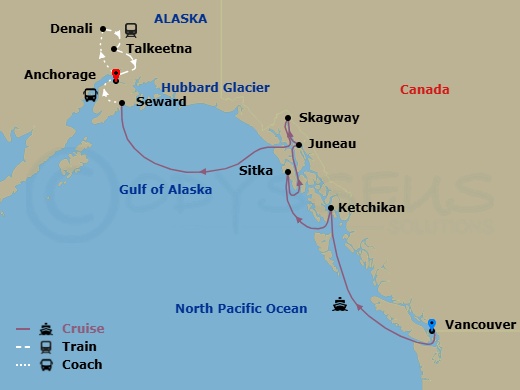 9 Night - Destination Denali Ct 11A - Anthem of the Seas Tours - Starting in Vancouver, British Columbia, Ketchikan (Ward Cove), Alaska, Sitka, Alaska, Juneau, Alaska, Skagway, Alaska, Hubbard Glacier (Cruising), Seward, Alaska, Anchorage, Alaska, Denali, Alaska, Talkeetna, Alaska, Anchorage, Alaska itinerary map