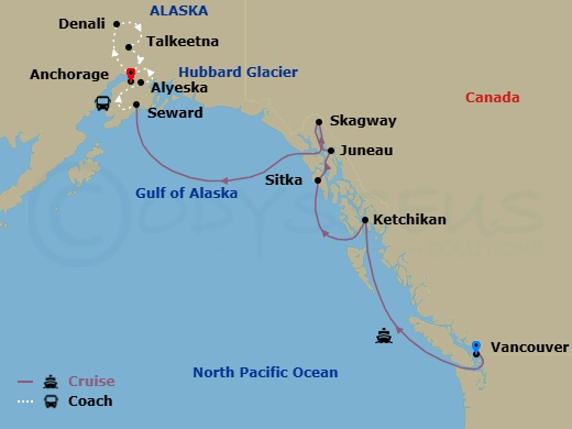 12 Night - Mountain Panorama & Alyeska Ct 5A - Anthem of the Seas Tours - Starting in Vancouver, British Columbia, Ketchikan (Ward Cove), Alaska, Sitka, Alaska, Juneau, Alaska, Skagway, Alaska, Hubbard Glacier (Cruising), Seward, Alaska, Alyeska (Girdwood), Alaska, Anchorage, Alaska, Denali, Alaska, Talkeetna, Alaska, Anchorage, Alaska itinerary map