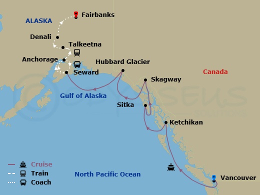 13 Night - Grand Mountains & Wildlife Ult Ct 7A - Anthem of the Seas Tours - Starting in Vancouver, British Columbia, Ketchikan (Ward Cove), Alaska, Sitka, Alaska, Skagway, Alaska, Hubbard Glacier (Cruising), Seward, Alaska, Anchorage, Alaska, Seward, Alaska, Anchorage, Alaska, Talkeetna, Alaska, Denali, Alaska, Fairbanks, Alaska itinerary map