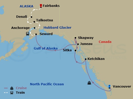 13 Night - Ak Wlderness & Chena River Ult Ct 8A - Anthem of the Seas Tours - Starting in Vancouver, British Columbia, Ketchikan (Ward Cove), Alaska, Sitka, Alaska, Juneau, Alaska, Skagway, Alaska, Hubbard Glacier (Cruising), Seward, Alaska, Anchorage, Alaska, Talkeetna, Alaska, Denali, Alaska, Fairbanks, Alaska itinerary map