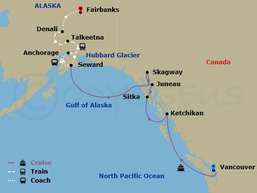 13 Night - Grand Mountains & Wildlife Ult Ct 7A - Anthem of the Seas Tours - Starting in Vancouver, British Columbia, Ketchikan (Ward Cove), Alaska, Sitka, Alaska, Juneau, Alaska, Skagway, Alaska, Hubbard Glacier (Cruising), Seward, Alaska, Anchorage, Alaska, Seward, Alaska, Anchorage, Alaska, Talkeetna, Alaska, Denali, Alaska, Fairbanks, Alaska itinerary map