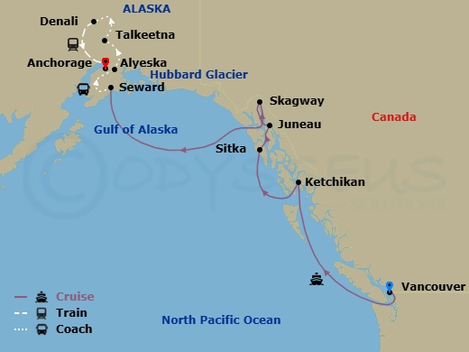 11 Night - Mountain Valley Explorer Ct 3A - Anthem of the Seas Tours - Starting in Vancouver, British Columbia, Ketchikan (Ward Cove), Alaska, Sitka, Alaska, Juneau, Alaska, Skagway, Alaska, Hubbard Glacier (Cruising), Seward, Alaska, Alyeska (Girdwood), Alaska, Talkeetna, Alaska, Denali, Alaska, Anchorage, Alaska itinerary map
