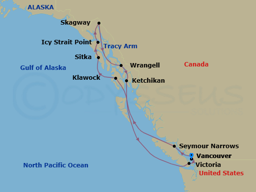 11 Night - Alaska Roundtrip from Vancouver - Crystal Serenity - Starting in Vancouver, Seymour Narrows, British Columbia, Klawock, Sitka, Alaska, Icy Strait Point, Alaska, Skagway, Alaska, Cruise Tracy Arm / Sawyer Glacier, Wrangell, Ketchikan, Victoria CA, Canada, Vancouver itinerary map
