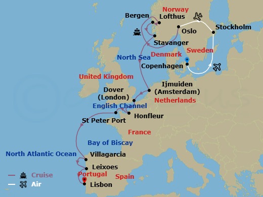 20 Night - Scandinavian Discovery : from Copenhagen to Lisbon - Cruise & Land Journey - Scenic Eclipse II - Starting in Copenhagen, Denmark, Copenhagen, Denmark / Stockholm, Sweden, Stockholm, Sweden, Stockholm / Oslo, Oslo, Norway, Oslo / Lofthus, Norway, Lofthus / Bergen, Norway, Bergen, Norway, Stavanger, Norway, IJmuiden, Netherlands, Dover UK, Honfleur, France, St Peter Port, Guernsey, Channel Islands, Vilagarcia de Arousa, Spain, Leixoes, Portugal, Lisbon, Portugal itinerary map