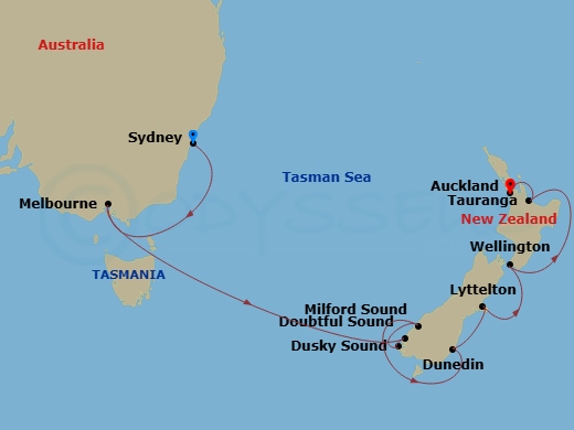 NCL Norwegian Spirit - 11 Night - Australia Product - NCL Norwegian Spirit - Starting in Sydney AU, Melbourne, Australia, Cruise Doubtful Sound, New Zealand, Cruise Dusky Sound, New.. itinerary map