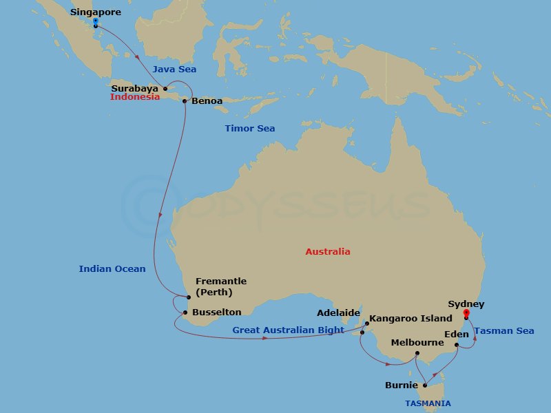 NCL Norwegian Spirit - 19 Night - Australia Product - NCL Norwegian Spirit - Starting in Singapore, Surabaya, Indonesia, Benoa / Bali, Indonesia, Fremantle, Australia, Busselton, Au.. itinerary map