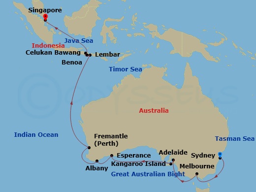 NCL Norwegian Spirit - 21 Night - Australia Product - NCL Norwegian Spirit - Starting in Sydney AU, Melbourne, Australia, Adelaide, Australia, Kangaroo Island, Australia, Australia,.. itinerary map
