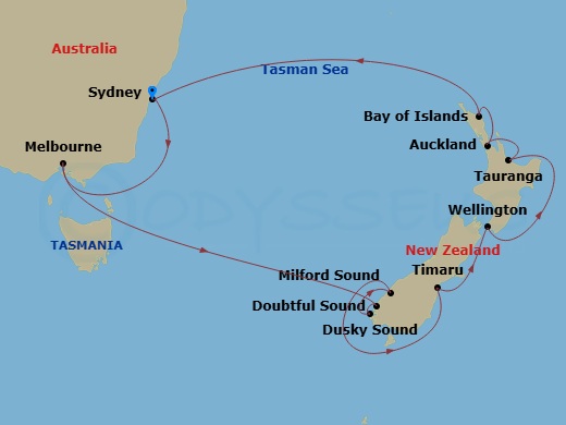 NCL Norwegian Spirit - 14 Night - Australia Product - NCL Norwegian Spirit - Starting in Sydney AU, Melbourne, Australia, Cruise Doubtful Sound, New Zealand, Cruise Dusky Sound, New.. itinerary map