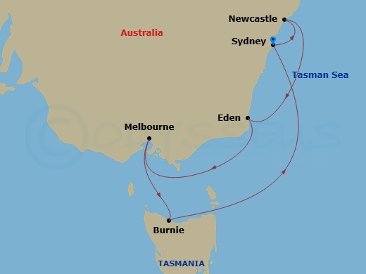 NCL Norwegian Spirit - 8 Night - Australia Product - NCL Norwegian Spirit - Starting in Sydney AU, Newcastle AU, Eden, Australia, Melbourne, Australia, Burnie, Tasmania, Australia,.. itinerary map