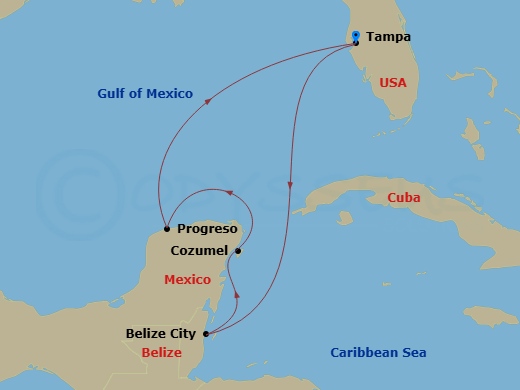 Carnival Paradise - 6 Night - Western Caribbean - Carnival Paradise - Starting in Tampa, Fl, Belize, Cozumel, Mexico, Progreso, Yucatan, Mexico, Tampa, Fl itinerary map