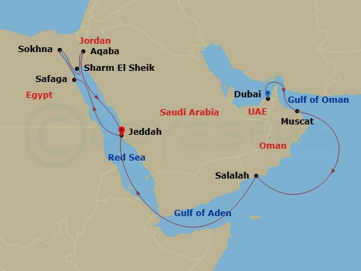 EXPLORA II - 17 Night - An Extended Journey of Elegant Shores & Historic Horizons - EXPLORA II - Starting in Dubai, Muscat, Salalah, Jeddah, Luxor (Safaga), Sokhna, Sharm.. itinerary map