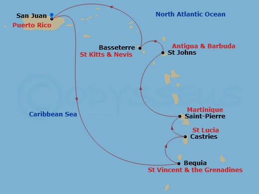 EXPLORA II - 7 Night - A Journey Across Caribbean Culture & Volcanic Landscapes - EXPLORA II - Starting in San Juan, Bequia, Castries, Saint-Pierre, St Johns AG, Antigua,.. itinerary map