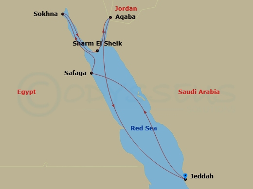 EXPLORA I - 9 Night - A Journey Through Ancient Wonders & Captivating Arabian Landscapes - EXPLORA I - Starting in Jeddah, Luxor (Safaga), Sokhna, Sharm El-Sheikh, Aqaba.. itinerary map