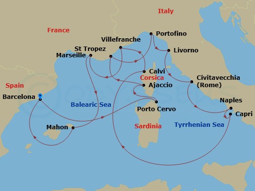 EXPLORA I - 14 Night - An Extended Journey of Vibrant Cities & Coastal Delights - EXPLORA I - Starting in Barcelona, Porto Cervo (Sardinia), Ajaccio (Corsica), Saint-Trop.. itinerary map