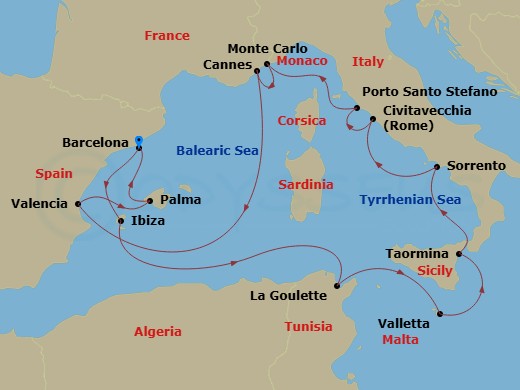 EXPLORA I - 14 Night - An Extended Journey Through Timeless Coastal Beauty & Cultural Splendour - EXPLORA I - Starting in Barcelona, Ibiza, Tunis / La Goulette, La Vallet.. itinerary map