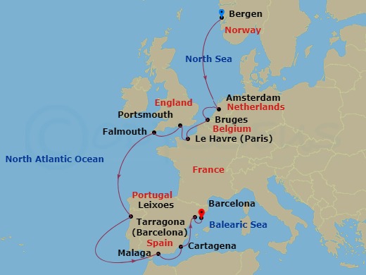 Viking Jupiter - 14 Night - Trade Routes of the Middle Ages - Viking Jupiter - Starting in Bergen, Sail the North Sea, Amsterdam, Bruges (Zeebrugge), Paris (Le Havre), Portsmo.. itinerary map