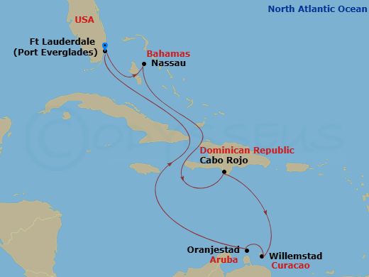 RCL Adventure of the Seas - 8 Night - Southern Caribbean Holiday - RCL Adventure of the Seas - Starting in Fort Lauderdale, Florida, Nassau, Bahamas, Cabo Rojo, Dominican Republic, Wille.. itinerary map