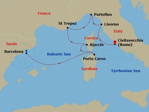 EXPLORA I - 7 Night - A Journey from Elegance & Cultural Essence to Glamour & Antiquities - EXPLORA I - Starting in Barcelona, Porto Cervo (Sardinia), Ajaccio (Corsica),.. itinerary map