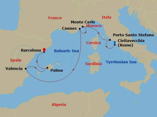EXPLORA I - 7 Night - A Journey of Antique Treasures to Sumptuous Catalan - EXPLORA I - Starting in Civitavecchia (Rome), Porto Santo Stefano (Argentario), Monte Carlo, C.. itinerary map