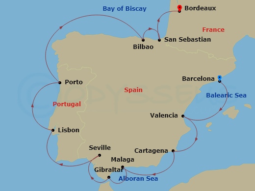 Azamara Quest - 14 Night - Spain Intensive Cruise : Valencia, Seville & Bilbao - Azamara Quest - Starting in Barcelona, Valencia, Cartagena ES, Malaga, Gibraltar, Seville, Li.. itinerary map