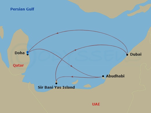 MSC Euribia - 7 Night - Dubai, Abu Dhabi & Qatar - MSC Euribia - Starting in Doha, Qatar, Abu Dhabi, United Arab Emirates, Sir Baniyas Island, UAE, Dubai, United Arab Emira.. itinerary map