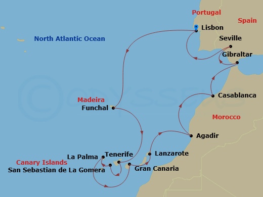 Azamara Journey - 15 Night - Atlantic Isles & Morocco Combo Voyage - Azamara Journey - Starting in Lisbon, Madeira (Funchal), Tenerife, Canary Islands, San Sebastian De La Gome.. itinerary map