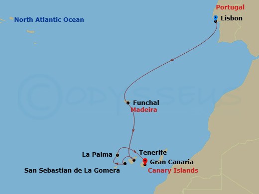 Azamara Journey - 7 Night - Portugal & Spain Cruise : Madeira, Tenerife & La Palma - Azamara Journey - Starting in Lisbon, Madeira (Funchal), Tenerife, Canary Islands, San Seba.. itinerary map