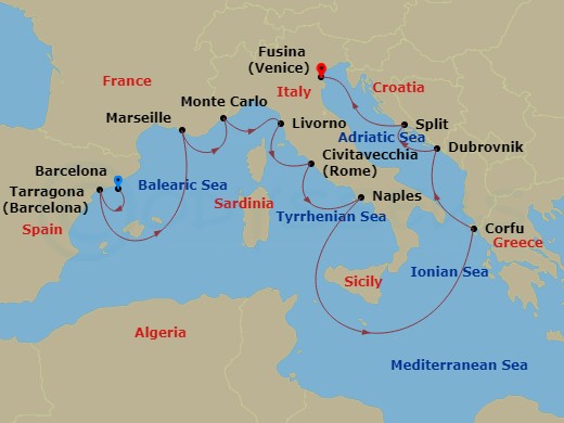 Viking Star - 12 Night - Mediterranean Odyssey - Viking Star - Starting in Barcelona, Tarragona, Marseille, Monte Carlo, Florence / Pisa (Livorno), Rome (Civitavecchia), Na.. itinerary map
