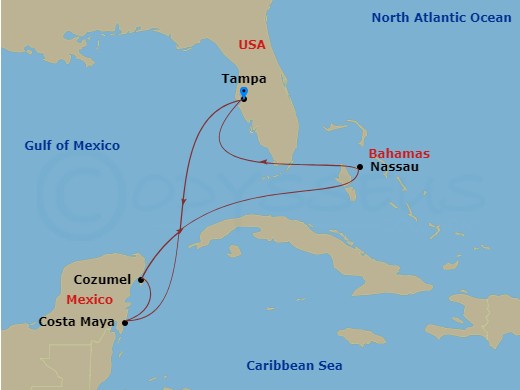 Celebrity Constellation - 7 Night - Western Caribbean Cruise - Celebrity Constellation - Starting in Tampa, Florida, Puerto Costa Maya, Mexico, Cozumel, Mexico, Nassau, Bahamas, Tampa,.. itinerary map